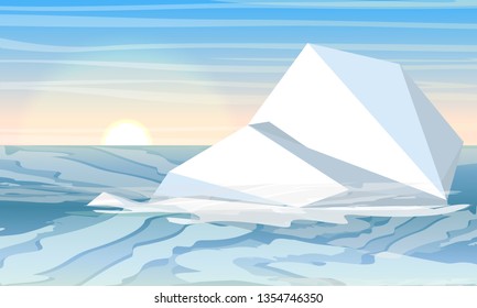 Day in the Arctic or Antarctic. Iceberg in the water. North Sea or Ocean with frozen water. Realistic Vector Landscape