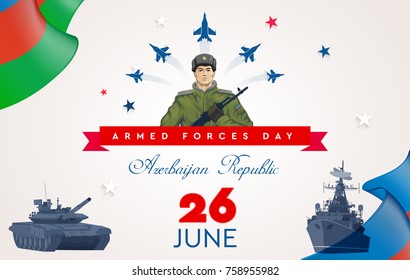 Day of the Armed Forces of Azerbaijan flag military banner poster templates 26 June Patriotic Baku city vector illustration