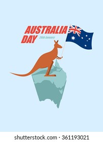 Day Australia. Patriotic holiday State. Kangaroos and Australian flag. Map of Australia and marsupial. 