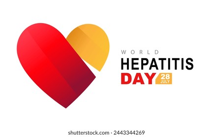 Day of awareness and fight against inflammatory liver disease. Large heart with a yellow-red ribbon is a symbol of hepatitis inside. World Hepatitis Day. Vector illustration on a white background.