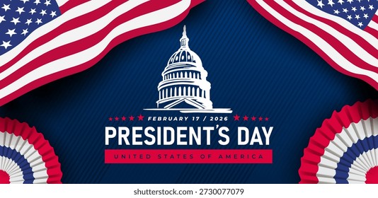 Fondo del Día del Presidente con bandera estadounidense y la Casa Blanca sobre fondo azul oscuro. Diseño de Vector patriótico para tarjetas, Anuncios, carteles, redes sociales, volantes y celebraciones de vacaciones en Estados Unidos.