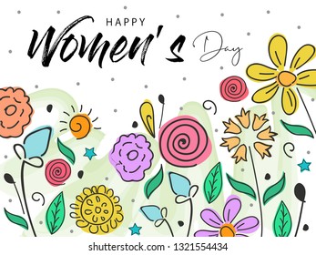 Woman’s Day Background Design with Flowers and Leaves. Happy Women's Day Greeting Card on March 8th.