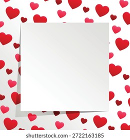 Valentine’s Day background with floating red hearts and a blank white paper card for romantic messages.