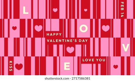 Dia dos Namorados com padrões geométricos vermelhos e cor-de-rosa, corações e tipografia temática do amor, incluindo Feliz Dia dos Namorados, Love You e 14 de fevereiro. Design romântico para cartões, cartazes e mídias sociais.