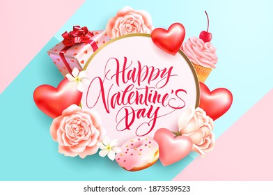Valentine’s Day background with greeting, heart shapes, roses, gift and sweets. Vector illustration.