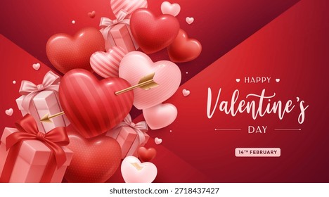 Valentine’s Day Background with Romantic 3D Heart Balloons and Gift Boxes