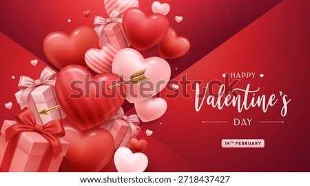 Valentine’s Day Background with Romantic 3D Heart Balloons and Gift Boxes