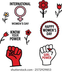 Women’s Day Badges, Banners , Labels and red color Circle with elements design Combo Set. 