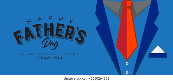 Father’s Day Banner with Arched “HAPPY FATHER’S Day” in Vintage Black Font, Loving Message Below, and Flat Cartoon Style Blue Suit with Red Tie on Light Background for Celebratory Use
