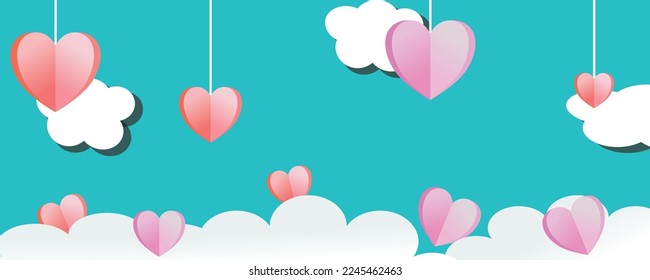 Valentine’s Day banner or background or vector containing pink and orange hearts and white clouds on blue or green color background