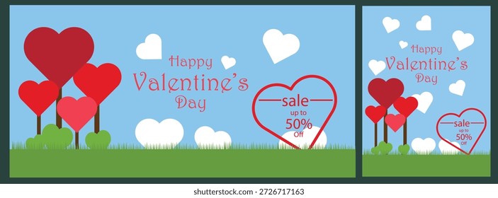 Anuncio y tarjeta del día de San Valentín con árbol en forma de corazón, nube linda y insignia de venta de amor. Colorido diseño de Vector romántico perfecto para la promoción del 14 de febrero, saludos, póster y redes sociales.