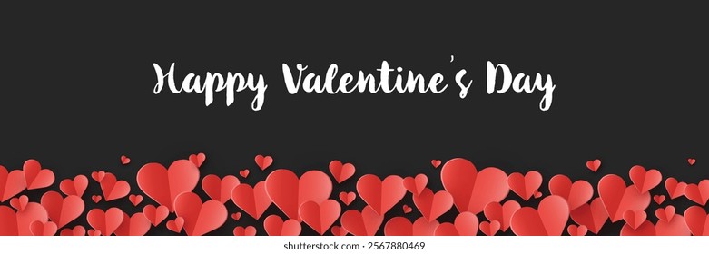 Valentine’s Day banner with floating paper cut hearts. Abstract background design. Vector illustration
