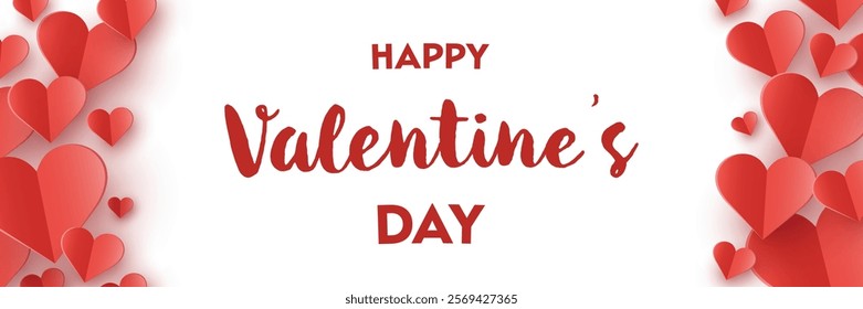 Valentine’s Day banner with floating paper cut hearts. Abstract background design. Vector illustration
