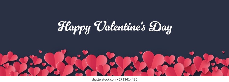 Valentine’s Day banner with floating paper cut hearts. Abstract background design. Vector illustration
