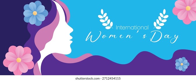 Women’s Day banner with floral vector background with feminine silhouette art, elegant horizontal banner design, 8 March celebration banner header layout, and womens day website banner header template
