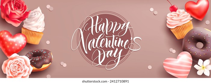 Valentine’s Day banner with greeting, heart shapes, roses and sweets. Vector illustration.