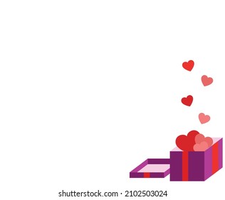 Valentine´s day banner perfect for web and social media. White background with a box full of hearts in red and purple.