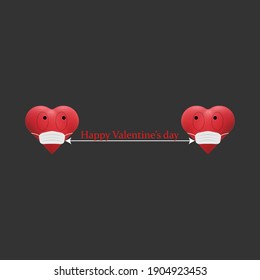 Valentine’s day banner. Romantic and pandemic background. Funny design. Realistic red hearts in mask on distance with lettering happy valentine’s day on matte black fond. For posters, greeting cards