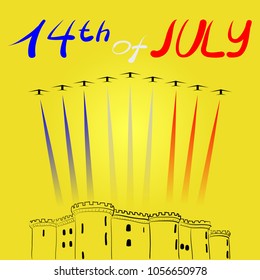 Day of Bastille with planes and tower on yellow background