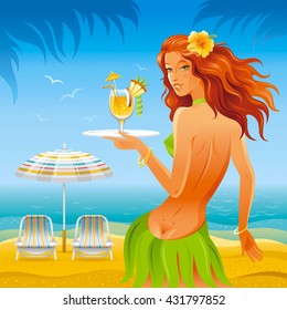 Day beach background with beautiful hula girl and tropical cocktail