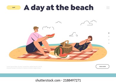 Day at beach concept of landing page with people on picnic, eat watermelon and relax. Summer relaxation on seaside, exotic resort or river bank. Beach activity. Cartoon flat vector illustration