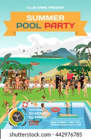 Day Beach, Swimming Pool, Bar, Dj With Sound System, Crowd Women In Bikinis. Vector Template Beach Summer Party Poster. 