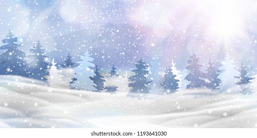 Day In Beautiful christmas, snowy woodland landscape with snow covered firs, coniferous forest, falling snow, snowflakes for winter and new year holidays. Christmas Winter background glitter vector.