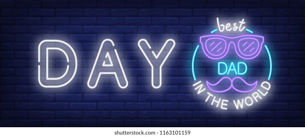 Day, best dad in the world neon text with glasses and moustache. Greeting, celebration design. Night bright neon sign, colorful billboard, light banner. Vector illustration in neon style.