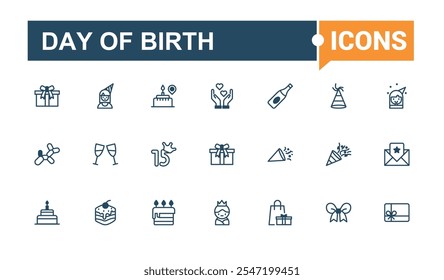 Paquete de iconos del Día de Nacimiento. Con cóctel, aniversario, vino, globo, evento, diversión, regalo, comida. Vector de línea simple. Esquema de Vector editable e iconos sólidos.