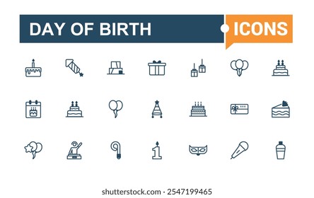 Paquete de iconos del Día de Nacimiento. Con cóctel, aniversario, vino, globo, evento, diversión, regalo, comida. Vector de línea simple. Esquema de Vector editable e iconos sólidos.