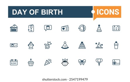 Paquete de iconos del Día de Nacimiento. Con cóctel, aniversario, vino, globo, evento, diversión, regalo, comida. Vector de línea simple. Esquema de Vector editable e iconos sólidos.