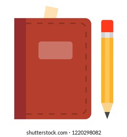 Day book in leather brown cover with a bookmark and a pencil vector flat icon isolated on white