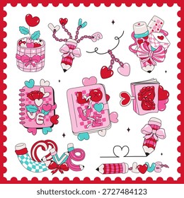 Valentine’s Day Books and Stationery elements. Vector illustration.