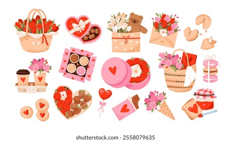 Valentine’s Day bouquets with roses, chocolates, and a teddy bear. Baskets filled with sweets, floral arrangements, and love notes. Romantic vector illustration.