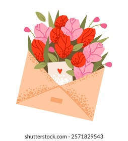 Valentine’s Day bouquets with roses, chocolates, and a teddy bear. Baskets filled with sweets, floral arrangements, and love notes. Romantic vector illustration.