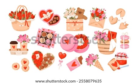 Valentine’s Day bouquets with roses, chocolates, and a teddy bear. Baskets filled with sweets, floral arrangements, and love notes. Romantic vector illustration.