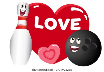 Valentine’s Day bowling icon illustration featuring heart shapes combined with bowling ball and pin elements. A clean and romantic design that blends love and bowling passion, suitable for decorations, gifts, apparel and creative Valentine  and love projects.