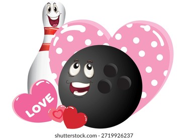 Valentine’s Day bowling icon illustration featuring heart shapes combined with bowling ball and pin elements. A clean and romantic design that blends love and bowling passion, suitable for decorations, gifts, apparel and creative Valentine  and love projects.