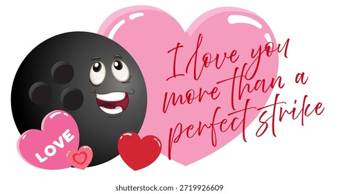 Ilustración de bolos del día de San Valentín con una frase de amor romántica combinada con corazones, bolas de bolos y alfileres. El diseño celebra el amor, la pasión y la diversión de los bolos, lo que lo hace ideal para parejas, fanáticos de los deportes y decoraciones, regalos y proyectos creativos con temática de San Valentín.
