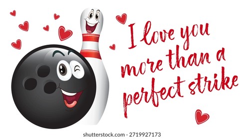 Valentine’s Day bowling illustration featuring a romantic love phrase combined with hearts, bowling ball and pins. The design celebrates love, passion and bowling fun, making it ideal for couples, sports fans and Valentine-themed decorations, gifts and creative projects.