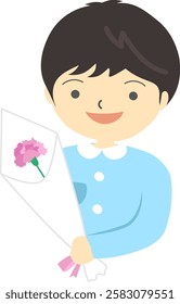 Mother’s Day. A boy is having a pink carnation bouquet to give him mother. 