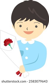 Mother’s Day. A boy is having a red carnation bouquet to give him  mother. 