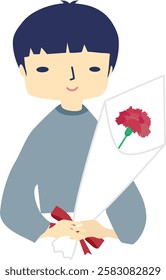 Mother’s Day. A boy is having a red carnation bouquet to give him mother. 