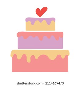 Valentine’s day cake icon isolated on white background. Cute sweets food. Homemade cake with pink heart. Flat design cartoon style dessert. Editable vector illustration for website,invitation, postcad