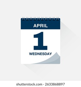 Day calendar with date April 1. Calendar icon vector. Event calendar reminder, business meeting schedule date sign, deadline template, appointment date symbol, page calendar agenda planner sign.