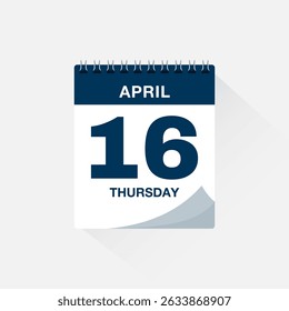 Day calendar with date April 16. Calendar icon vector. Event calendar reminder, business meeting schedule date sign, deadline template, appointment date symbol, page calendar agenda planner sign.