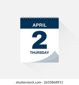 Day calendar with date April 2. Calendar icon vector. Event calendar reminder, business meeting schedule date sign, deadline template, appointment date symbol, page calendar agenda planner sign.