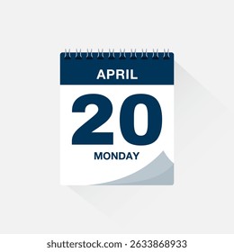 Day calendar with date April 20. Calendar icon vector. Event calendar reminder, business meeting schedule date sign, deadline template, appointment date symbol, page calendar agenda planner sign.