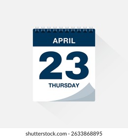 Day calendar with date April 23. Calendar icon vector. Event calendar reminder, business meeting schedule date sign, deadline template, appointment date symbol, page calendar agenda planner sign.