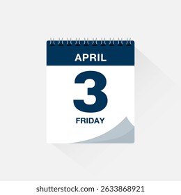 Day calendar with date April 3. Calendar icon vector. Event calendar reminder, business meeting schedule date sign, deadline template, appointment date symbol, page calendar agenda planner sign.